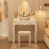 Vanity Desk with Mirror and Lights, Modern Vanity Makeup Table and Cushioned Stool Set with 4 Drawers, 3 Color Lighting Modes with Adjustable Brightness, Dressing Table Set for Bedroom (White Vanity)