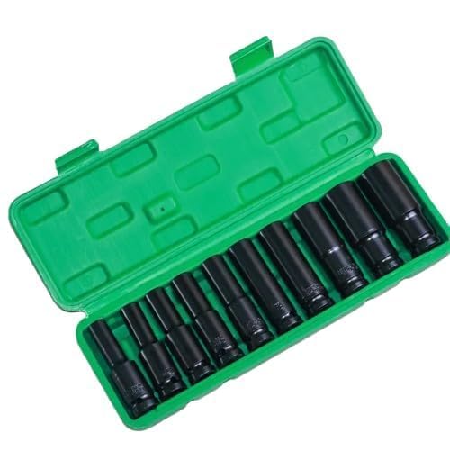 Image of 10 Pieces 1 /2-Inch Square Drive 78mm Deep Impact Socket Hex Set, 6-Point Standard Metric Sizes CR-V Steel 10mm to 24mm (10 in 1 impact socket set) (Green)