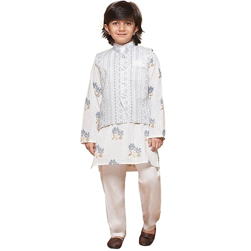 Image of AJ DEZINES Kids Ethnic Wear Cotton Printed Kurta Pajama Set For Boys With Nehru Waist Coat Jacket