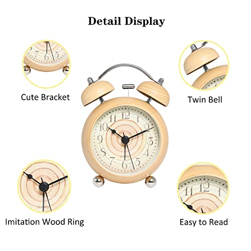Justup Silent Table Alarm Clock, 3.5 Inch Creative Wood Grain Metal Clock With Backlight, Battery Powered Analog Clock With Hd Glass, Decor Twin Bell Clock For Bedroom Living Room Office (Khaki) #TOP6
