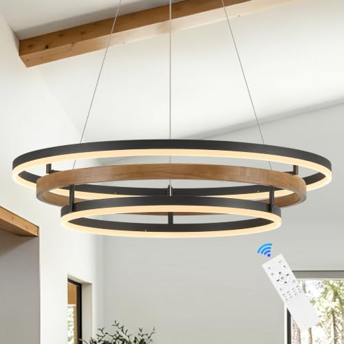 LED 3 Ring Chandelier Black Solid Oak Wood LED Dining Room Light Fixtutre
