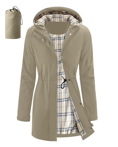 iCreek Womens Rain Jacket Packable Long Raincoat Hooded Plaid Lined Trench Coat Waterproof Windproof Lightweight for Outdoor (Khaki M)
