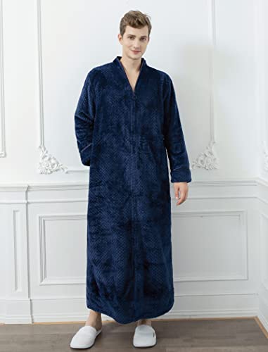 Locachy Men's Flannel Zip Bathrobes Soft Warm Long Fleece Plush Robe Housecoats Nightgown Sleepwear4