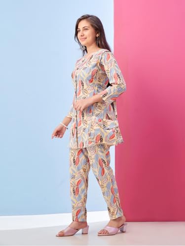 Image of Aarika Girls Casual Wear Beige Colour Leaf Print Polyester Co-ord Set
