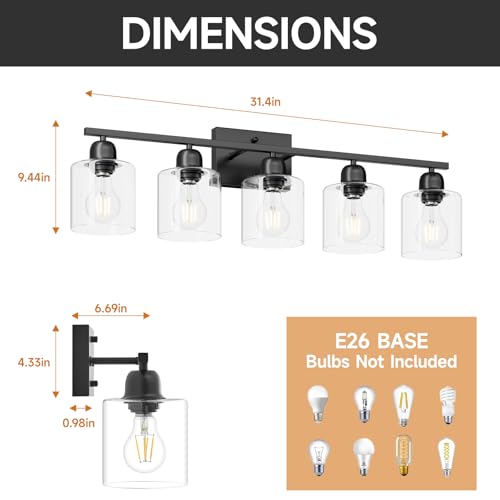 Image of Modern 5 Light Bathroom Vanity Light, 31 inch Black Bathroom Lights Fixtures, Vanity Lights with Clear Glass for Mirror Kitchen Living Room Hallway Cabinet Porch