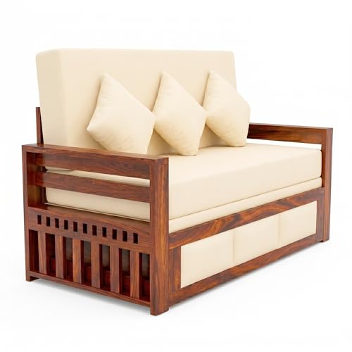 Image of SONA ART & CRAFTS Zeus Sheesham Wood 3 Seater Sofa Cum Bed | Wooden 3 Seater Sofa for Living Room Wooden Furniture Sofa Bed for Home (Natural Finish)