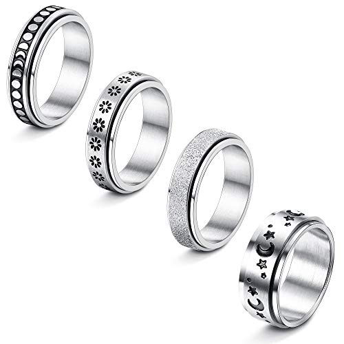 Subiceto 4 Pcs Spinner Rings for Women Stainless Steel Fidget Band Rings Set Moon Star Sand Blast Finish Womens Ring for Stress Relieving Wedding Promise Size 8
