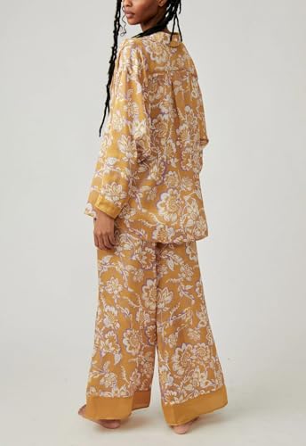 Image of LILTWIST Silk Satin Pajamas Set for Women 2 Piece Floral Pjs Wide Leg Lounge Pants Set Long Sleeve Button down Pj Shirts Set