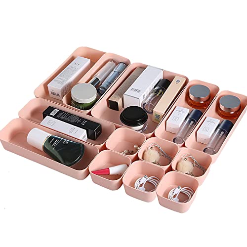 Thinkspace Beauty 12 Pieces Plastic Desk Drawer Organizer and Storage, Vanity Organizers Bins Trays Set Dividers for Makeup Office Bathroom Dresser Kitchen, Pink (39289)