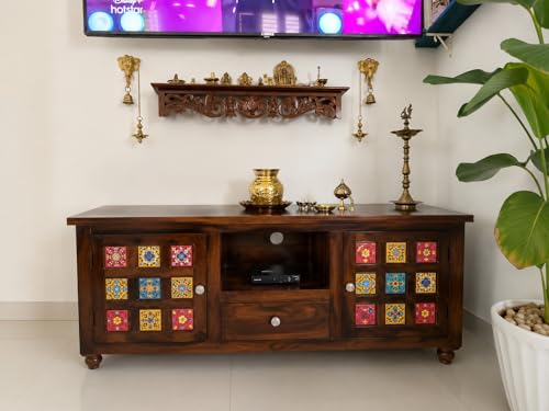 Image of Solid Sheesham Wood TV Entertainment Unit 1 Drawer 2 Door Cabinet with Handcrafted Multicolor Tile Design (Natural)