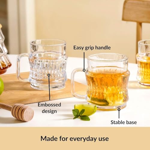 Image of Nestasia Transparent Glass Tea Cups Set of 6 (165ml Each) - Dishwasher Safe & 100% Food Safe Coffee Cups with Handle for Coffee, Tea, Hot & Cold Beverages | Elegant Ribbed Design