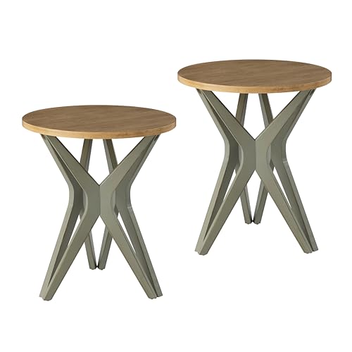 LONYKE Pedestal Farmhouse End Table Set of 2, Distressed Top