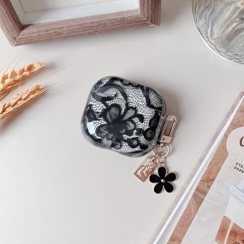 Image of MINSCOSE for AirPods 4 Clear Case,Cute Lace Flower Pattern Design with Trendy Keychain,Soft TPU Protective Shockproof Cover with Cleaner Kit for Girls Women for AirPods 4-Black