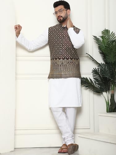 Image of SOJANYA (Since 1958 Men's Cotton Linen Maroon Kurta and White Pyjama with Mustard Cotton Nehru Jacket