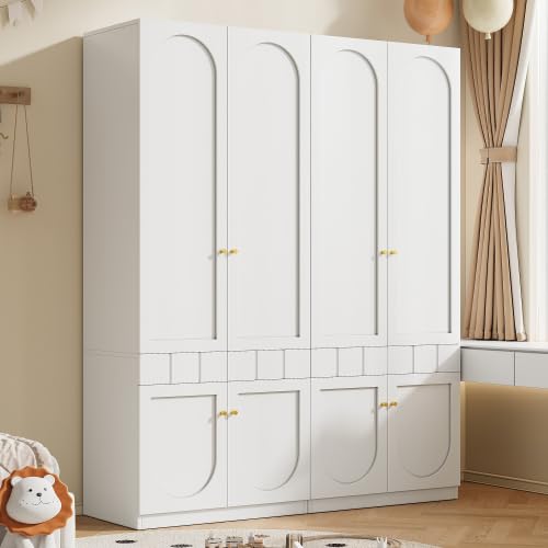 Merax 2er-Set Kleiderschrank für Kinderzimmer – Weißer Lack-Kleiderschrank mit Kleiderstange und Schubladen, Metallgriffe, 160×50×200 cm – Perfekt für kleine Räume und Schlafzimmer