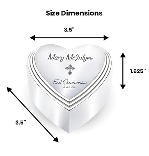 POEM Studio Personalized Heart Jewelry Keepsake Box with Custom Engraved Cross and Name for First Communion Gift for Girls, Shiny Polished Silver Trinket Box with Name and Date Engraving in USA
