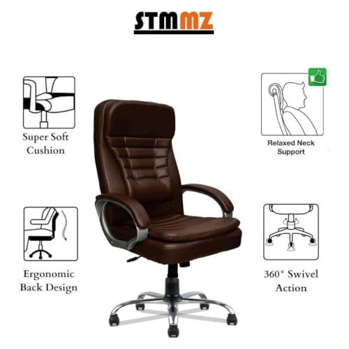 Image of Mahak Home Premium High Back Ergonomic Leatherette Office & Work from Home Chair with Strong Metal Base & High Comfort Seating (Brown) - Revolving Office Chair- 05-Brown Metal.