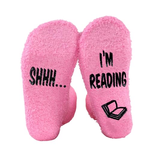 Nhemeylp Book Lover Gifts for Women Men, SHHH! I'M READING Fluffy Stocking Novelty Socks