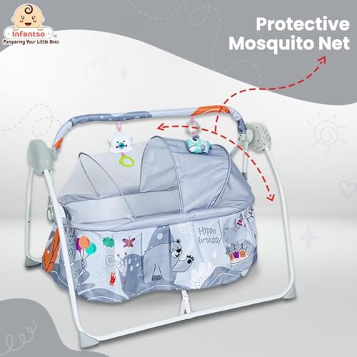 Image of Infantso Iron Baby Cradle Swing with 3 Point Safety Harness, Hanging Toys, Soothing Lullabies Music, for 0-2 Years Baby Boys and Girls Baby Jhula (Grey, Chevron)