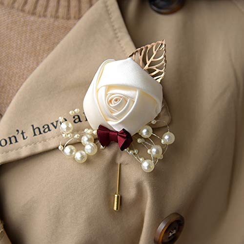 6PCS Alfiler de Boutonniere de Rosa de Tela con Perla - Accesorio de Solapa para Bodas,M
