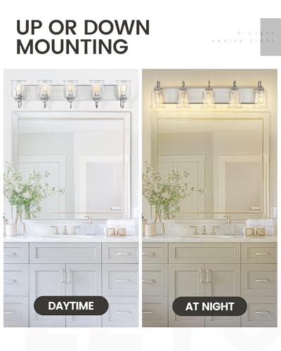Image of zeyu 36 Inch Farmhouse Modern Bathroom Lighting Fixture, 5-Light Bathroom Vanity Light, Brushed Nickel Finish with Clear Glass Shade, ZSL72B-5W BN