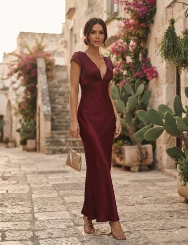 Image of Halfisland Womens Summer Satin V Neck Cap Sleeve Midi Dress Wedding Guest