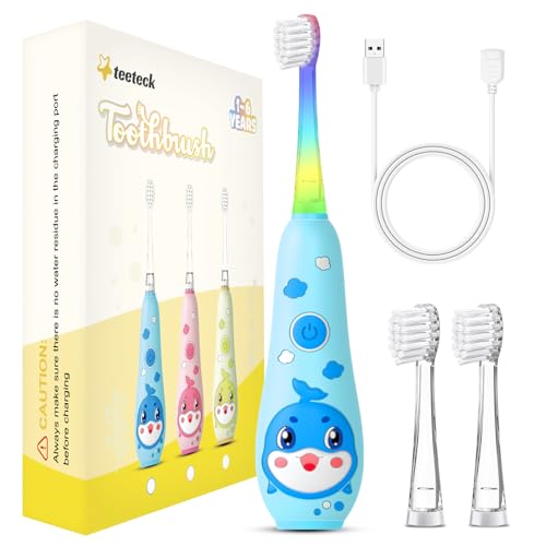 Teeteck電動歯ブラシ 子供 充電式 2分間のスマートタイマー 虹色LEDライト 2つのモード IPX7防水 柔らかいデュポン毛 子供へのプレゼント 1歳から10歳の男の子と女の子向け (2個ブラシヘッド、1個ハンドル、USB充電ケーブル) (青, 1