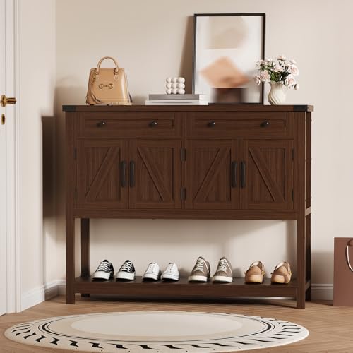 47\" Buffet Sideboard Cabinet with 2 Drawers & 4 Barn Doors, Large Farmhouse Kitchen Wood Coffee Bar Cupboard Cabinet, Barn Doors Console Table for Kitchen, Dining Room, Living Room, Entryway, Brown - Thumbnail 7