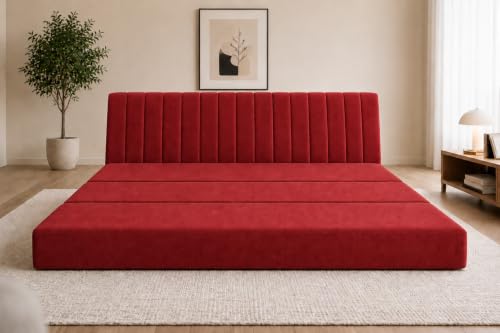 Image of Three Seater Sofa Bed, Velvet Fabric Foldable Sofa Cum Bed with Soft Foam Cushioning, Convertible Floor Couch for Living Room, Guest Room & Home Use (Red, Pre-Assembled)