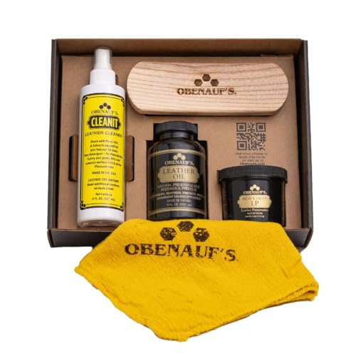 Obenaufs Leather Care Essentials Kit - 4oz Heavy Duty Leather Preservative - 8oz Leather Oil Leather Conditioner - 8oz Cleanit Leather Cleaner - Horsehair Brush - Cleaning Cloth