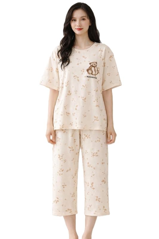 Women Oversized Lounge Set Soft Cotton Feel Relaxed Round Neck Short Sleeve T Shirt with Matching Pyjama Night Suit