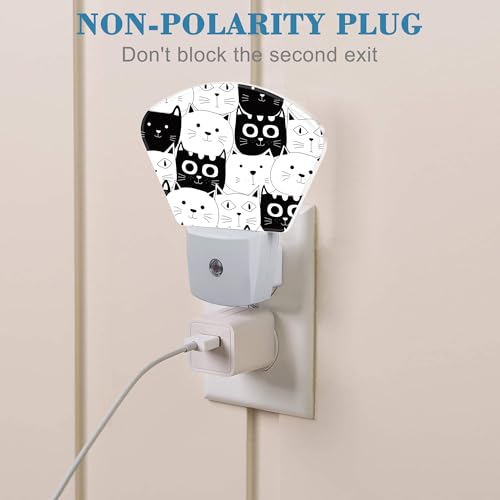 Image of Cute Black and White Cat Night Light for Kids, Doodle Cat LED Night Light Plug into Wall with Dusk to Dawn Sensor for Girls Boys Women Men Room, Hallway, Kitchen, Bathroom, Stairs Decor