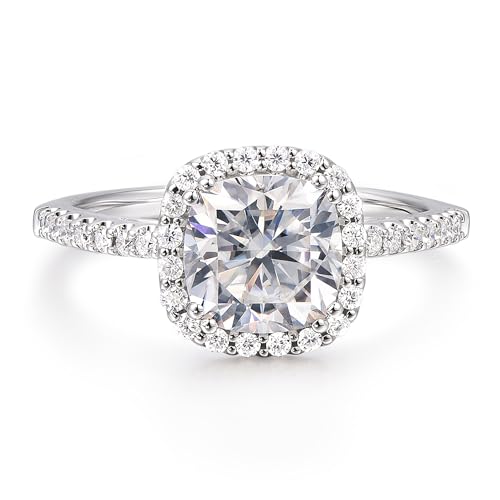 14K White Gold Moissanite Engagement Rings, 14K 2 Carat Cushion Cut Moissanite Ring, 2ct Cushion Cut Halo Engagement Ring (White Gold, 6.5)
