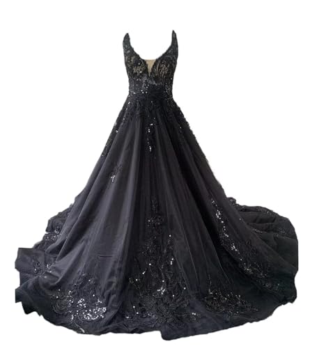 PFTFB Gothic Black Bridal Gowns Tulle Wedding Dresses for Bride 2024 V Neck Wedding Dresses with Train Plus Size 14
