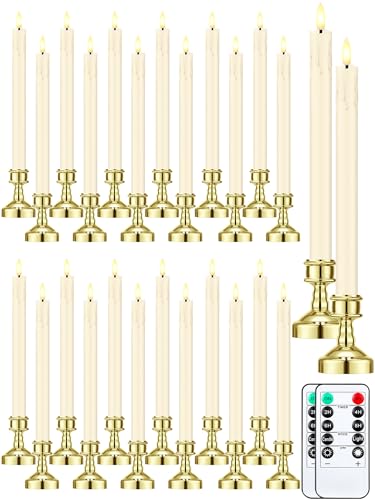 Image of VIHOSE 24 Pcs Flameless Taper Candles with Holders, Gold, Dripping Style