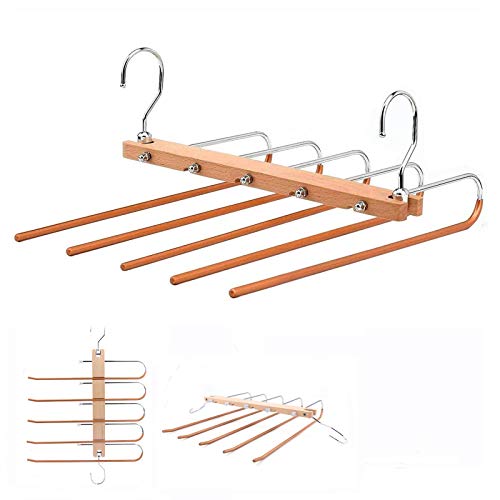 5 en 1 Perchas de Madera, Pantalonero Percha Extensible, Perchas Pantalones Ahorra Espacio, Organizador de Armario Antideslizante para Bufandas Jeans Ropa Pantalones Toallas Cover