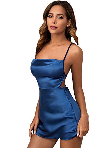 Floerns Women s Cowl Neck Criss Cross Tie Back Satin Lingerie Cami Mini Dress Navy Blue M