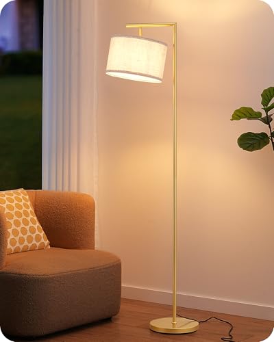 EDISHINE Stehlampe Wohnzimmer Gold Bogenlampe mit Verstellem Leinen Lampenschirm Leselampe mit E27 LED Leuchtmittel und Fußschalter 160cm Standleuchte für Schlafzimmer Kinderzimmer Büro