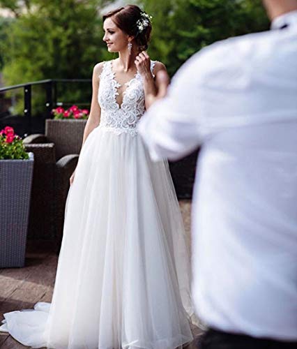 Loyeloy Women's Wedding Dresses for Bride 2025 Sexy V Neck Slit Lace Bridal Wedding Gowns for Bride YJ0102