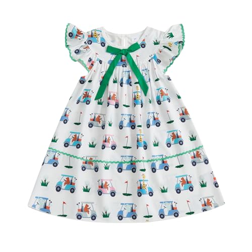 Eadrioss Toddler Little Girls Summer Sweet Dress Flying Sleeve Round Neck Golf Cart Print A-line Dresses