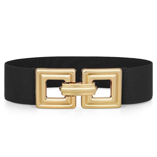WHIPPY Women Wide Elastic Waist Belt Fashion Hollow Out Square Gold Buckle Stretchy Belt Waistband for Ladies, Black, XXL