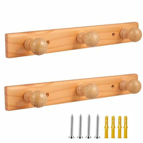 DBlosp Perchero de pared de madera de 13.85 pulgadas de agujero a agujero, gancho de pared de bambú con 3 ganchos (paquete de 2), moderno, organizador de almacenamiento que ahorra espacio, natural