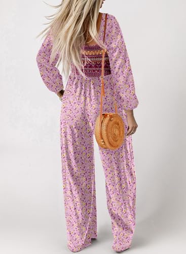 Dokotoo Women's Casual Loose Overalls Jumpsuits One Piece Long Sleeve Printed Wide Leg Long Pant Rompers With Pockets