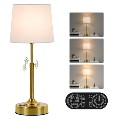 Height Adjustable Rechargeable Table Lamp with Timer, Dimmable Cordless LED Desk Lamp, 4000mAh Battery Operated Table Lamps, Gold Wireless Touch Nightstand Lamp for Kitchen Counter Coffee Table Office