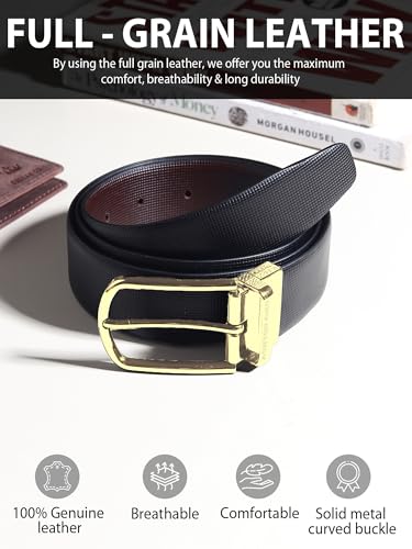 Image of Belts for Men Leather Original, Reversible Black & Brown Formal & Casual Italian Leather Belt with Attached Metal Curved Buckle