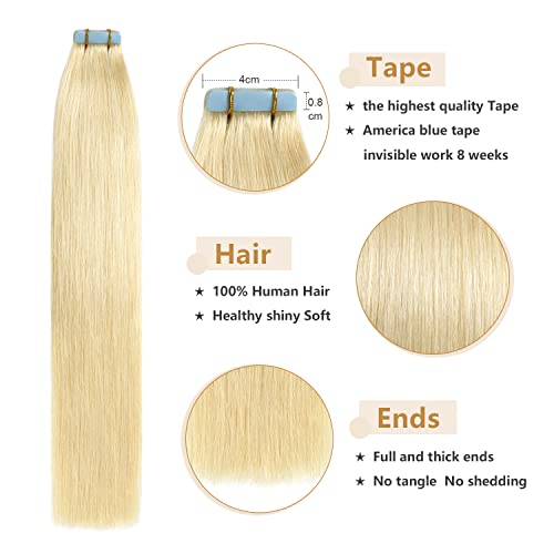 YILITE Tape in Hair Extensions Human Hair 20 inches 20pcs 50g Silky Straight Human Hair Extensions Bleach Blonde Color Tape in Extensions