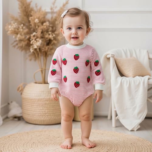 Baby Girl Fall Outfits Long Sleeve Strawberry Sweatshirt Bubble Romper Newborn Stripe Bodysuit Cute Infant Clothes2