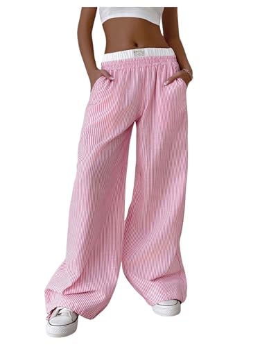 SHENHE Women's Color Block Striped Baggy Pants Wide Leg Loose Casual Y2k Long Pants