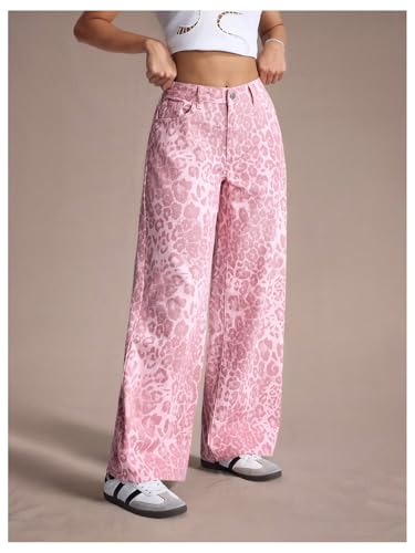 Floerns Women's Going Out Leopard Print Baggy Jeans Low Rise Wide Leg Casual Denim Pants4