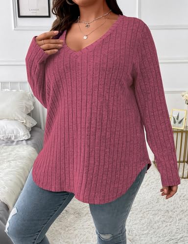 Image of Koscacy Women Plus Size Casual Knit Sweater V Neck Solid Color Tops Lightweight Long Sleeve Blouses